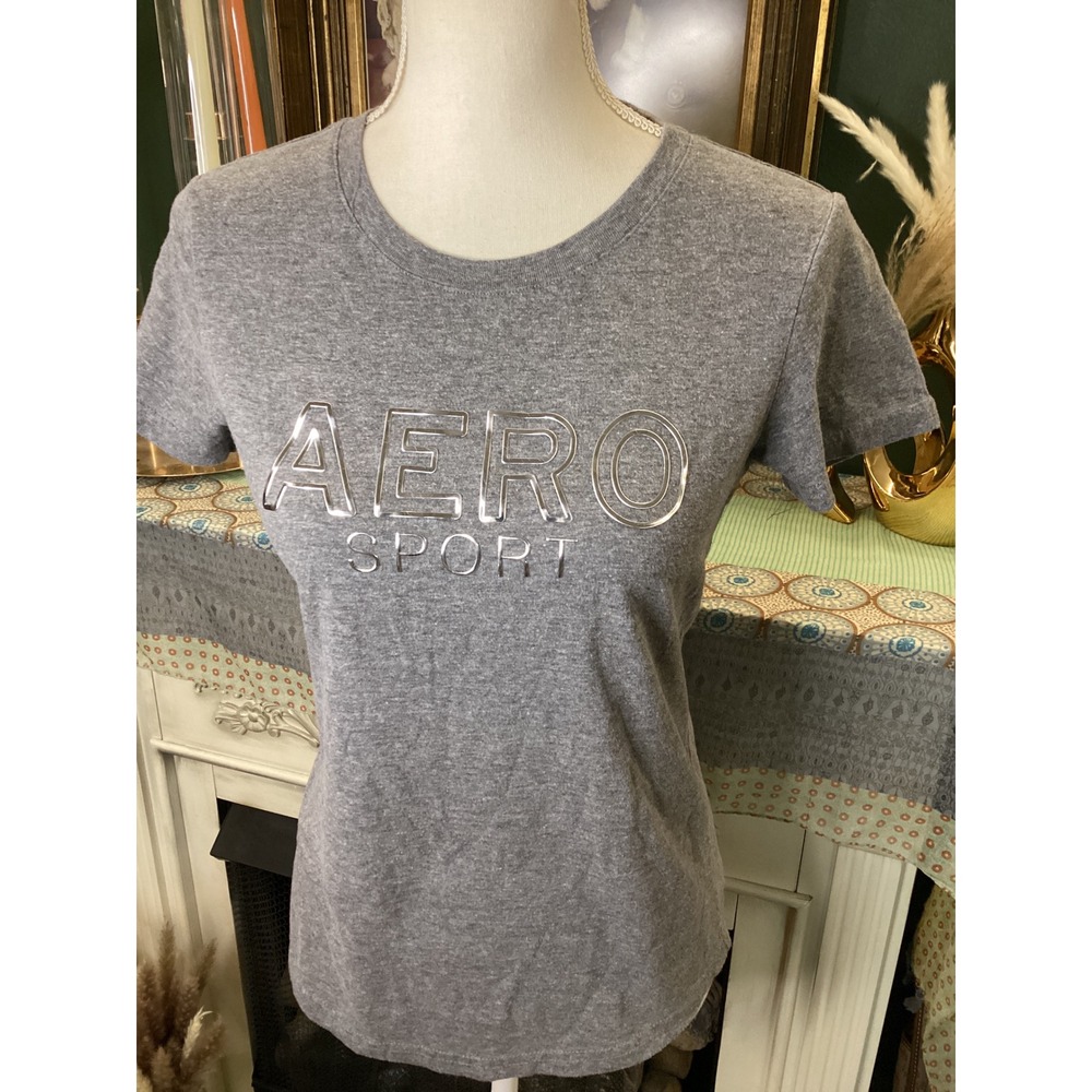 Aeropostale Sport Womens Heather Gray Raised Metallic Silver Logo T-Shirt Small‎